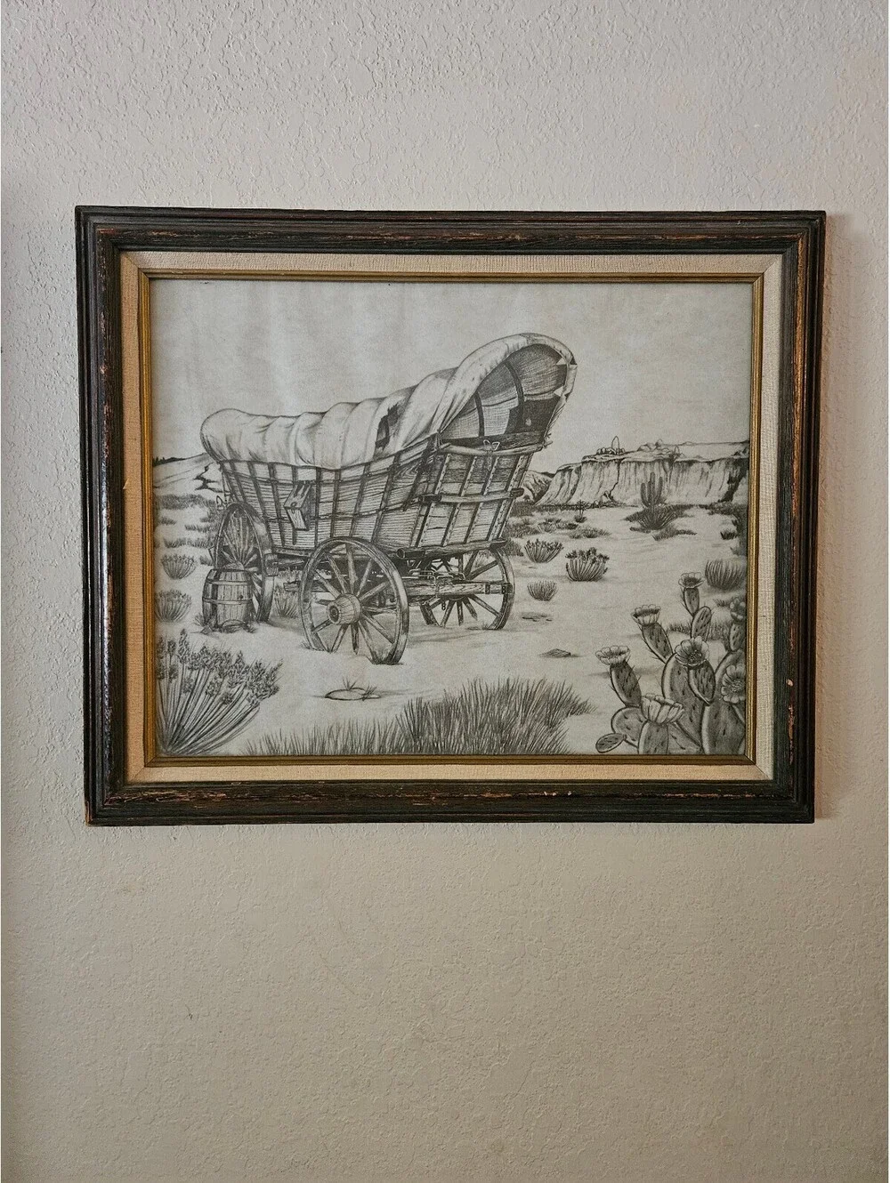 Vintage Western Covered Wagon Charcoal Drawing Framed Wall Art 23x29 Inches